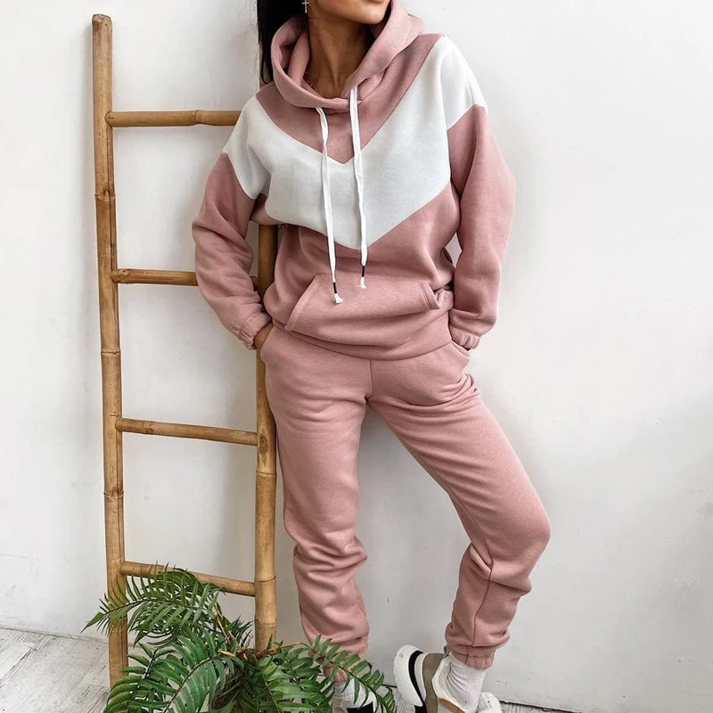 

Женский спортивный костюм-двойка, повседневный свободный спортивный костюм контрастных цветов с карманами и капюшоном, осень 2022