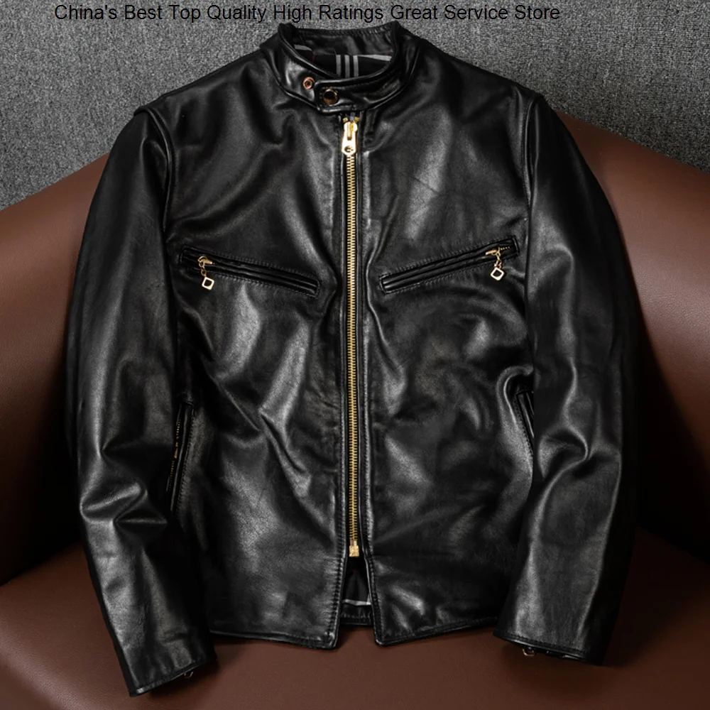

Leather Top Layer Classical Men Black Slim Fit Fashion Stand Collar Horsehide Classic Jacket