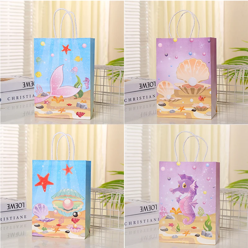 

5pcs Mermaid Party Gift Packing Bags Cartoon Under The Sea Party Kraft Paper Bag Jellyfish Little Mermaid Birthday Party Decor