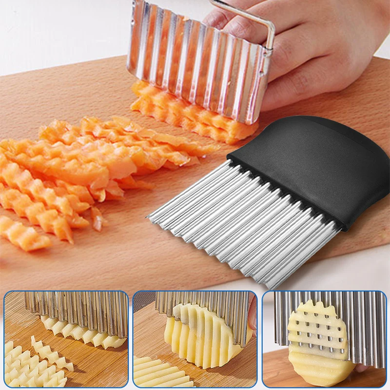 

Stainless Steel Potato Chips Slicer Dough Vegetable Fruit Wavy Chopper Kitchen Knife Potato Cutter French Fry Maker Tools Gadget