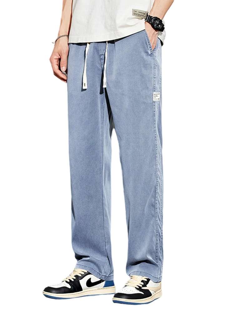 

Summer Men's Jeans Soft Lyocell Fabric Thin Loose Straight Pants Drawstring Elastic Waist Korea Casual Trousers Plus Size 5XL