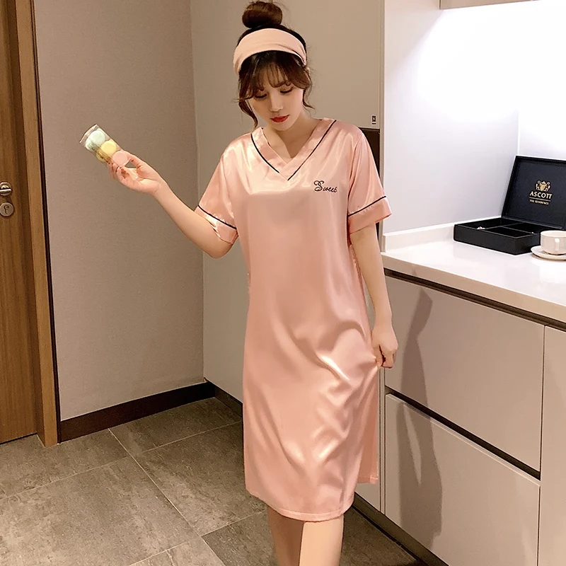 2022 Summer Plus Size Short Sleeve Sexy V-neck Silk Satin Nightgowns for Women Cute Sleepwear Nightdress Night Dress Home Nighty