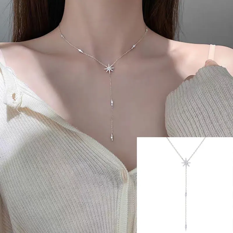 

Korean Style Women Silver Clavicle Chain Pretty Elegant Necklace Cubic Zircon Sweater Chain Temperament All-matched Jewelry