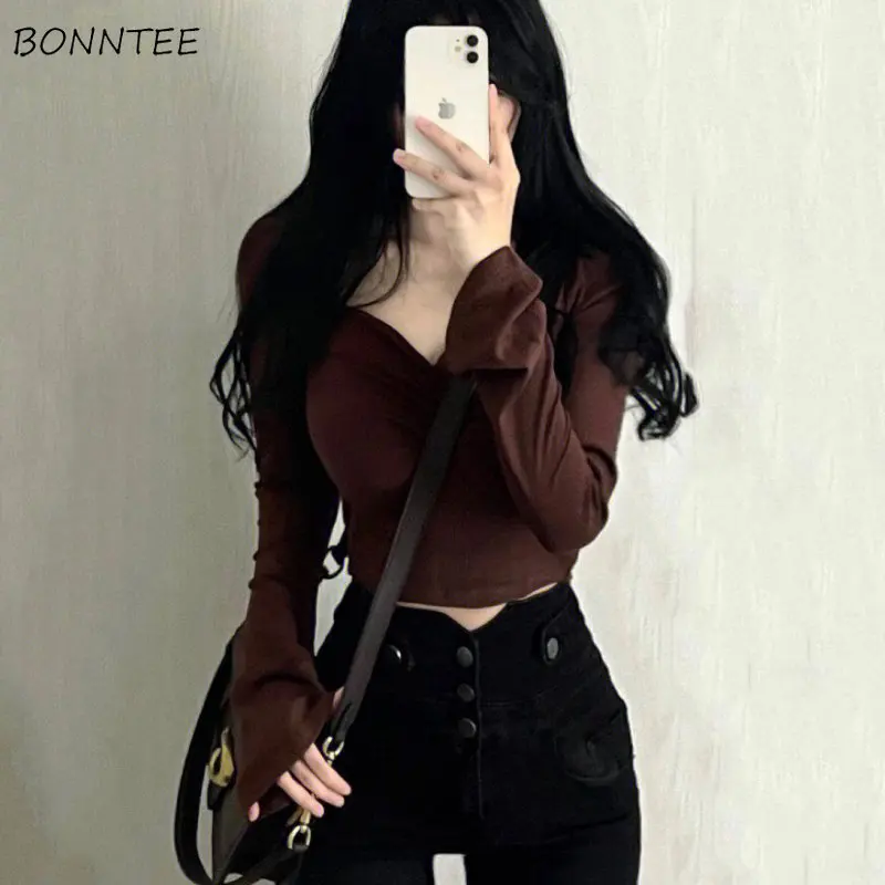 Flare Sleeve T-shirts Women Crop Top Brown Folds Slim Sexy Топ Женский Temper Hot Pure Autumn All-match Korean Fashion Clothes