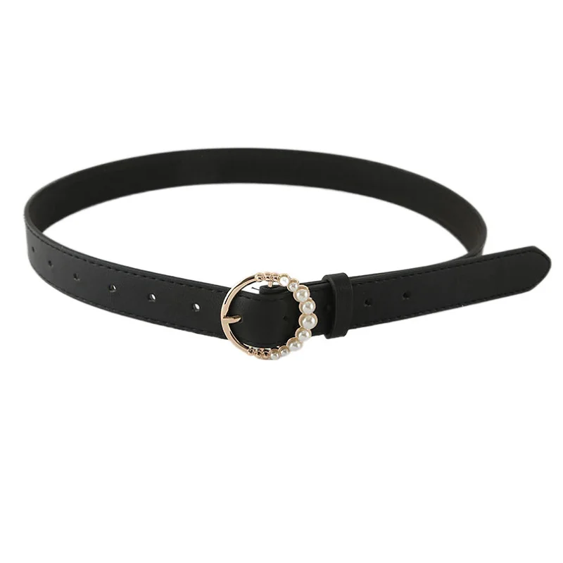 

Fashion Pearl Decorative Belt Ladies Belt Round Pin Buckle Pearl Belts Women's Casual Solid Color Leather Thin Belt Waistband
