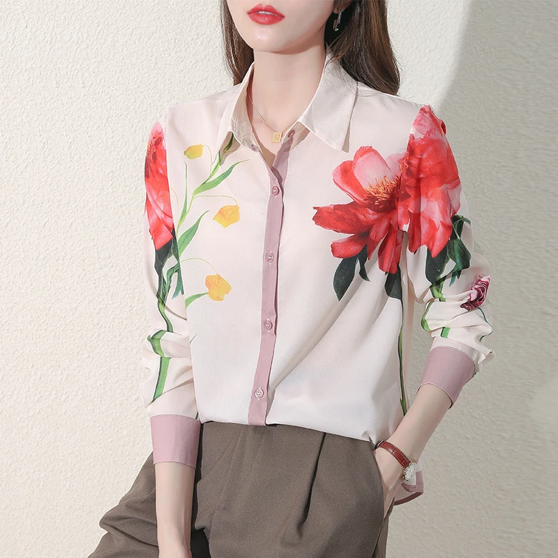 

Print Women's Blouse Chiffon Polo Shirt New Casual Fashion Loose Long Sleeve Top Summer Button