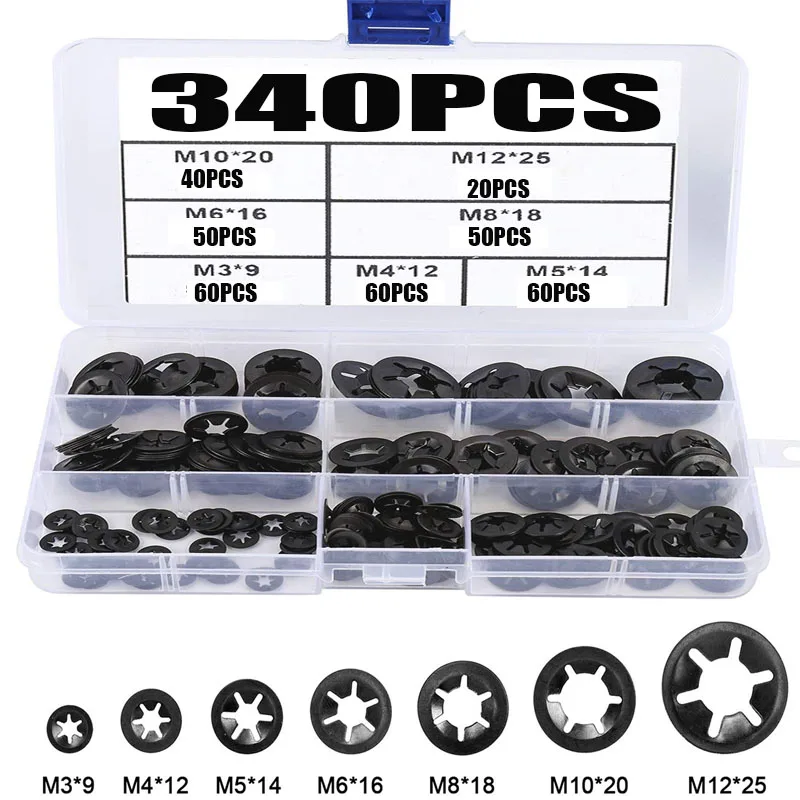 

340PCS M3 M4 M5 M6 M8 M10 M12 Washer Star Lock Locking Washers Assortment Kit Plum Blossom Hole Retaining Ring Bearing Clip