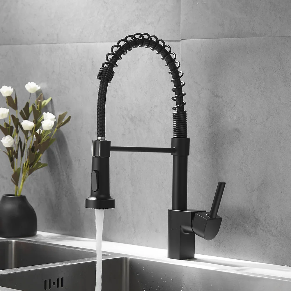 Zwart Geborsteld Lente Pull Down Kitchen Sink Kraan Warm &amp Koud Water Mixer Tap Met Dual Uitloop Deck gemonteerd