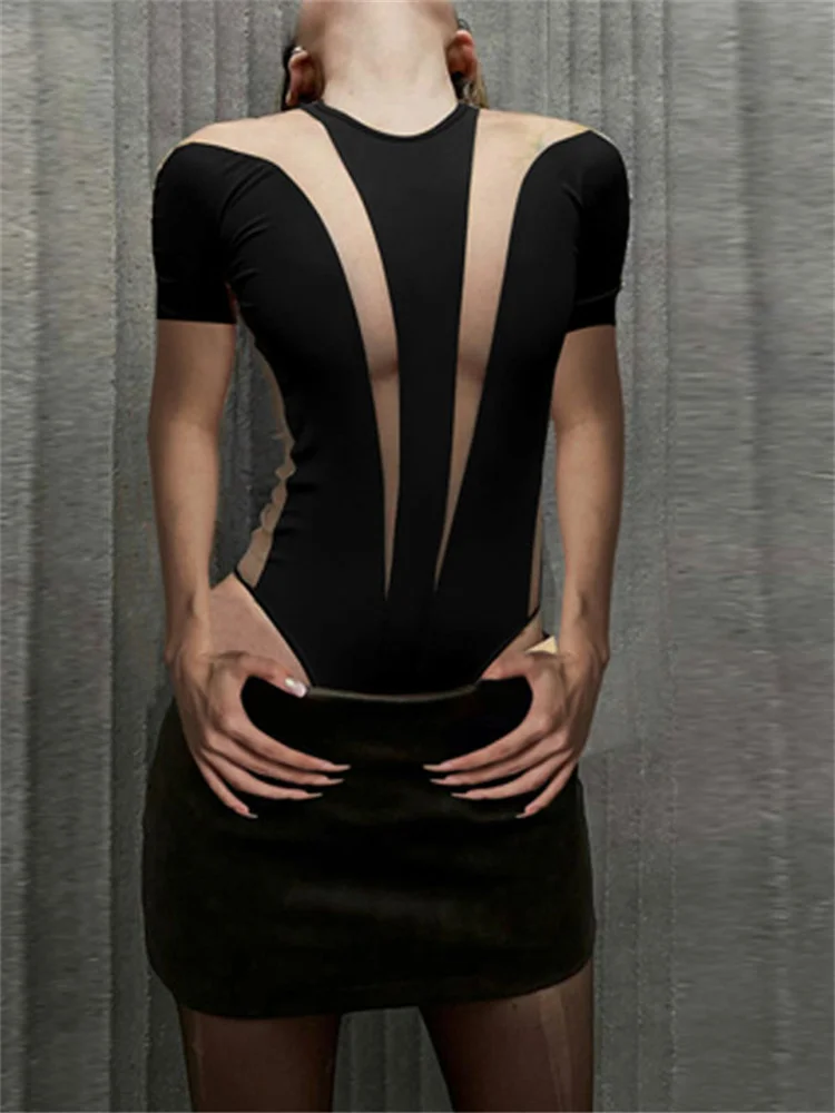 

Zabrina Sexy Short Sleeve Black Shapewear Bodysuit 2023 New Mesh Sheer See-Through Skinny Bodysuit For Women Party Club Night