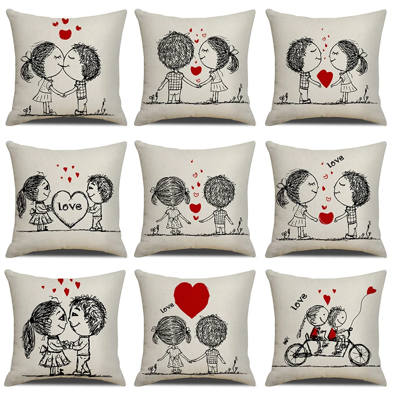 

1 Pcs Sweetheart Lover Pattern Cotton Linen Throw Pillow Cushion Cover Home Sofa Bed Wedding Decorative Pillowcase Valentine