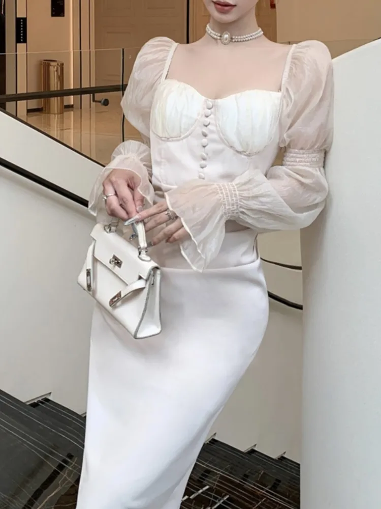 Женское вечернее платье миди с пышными рукавами