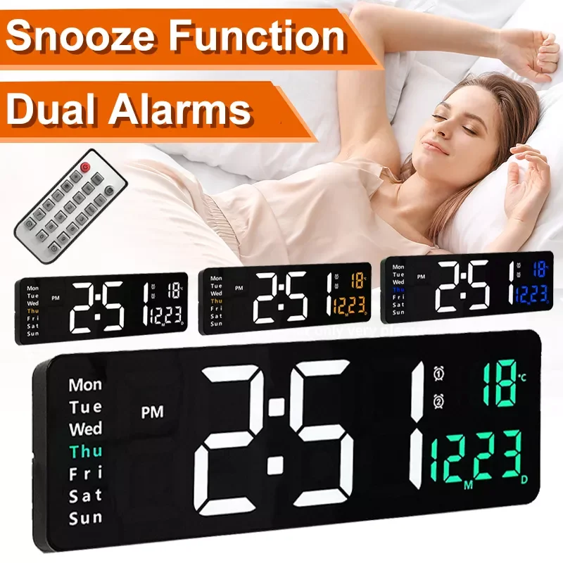 

Nordic Large Digital Dual Alarms LED Wall Clock Remote Control Temp Date Week Display Off Memory Table Clock Wall-mounted