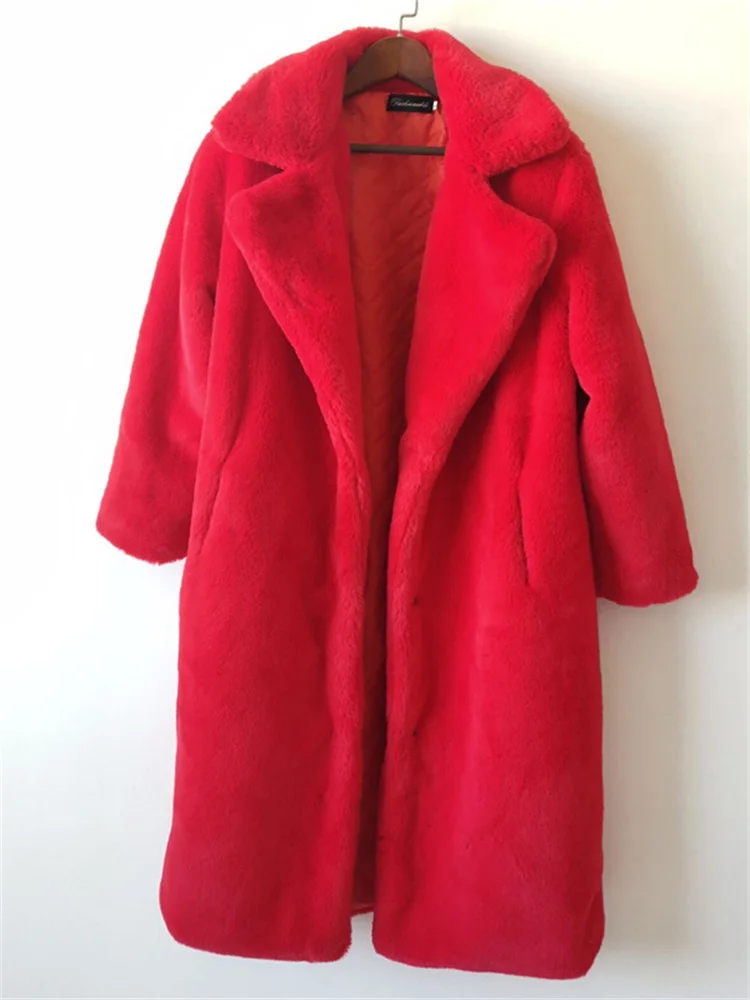 2022 Winter Fur Coat Women Suit Collar Long Loose Slim Thick Warmth Imitation Rabbit Fur High Quality Clothing Feminina Red Pink