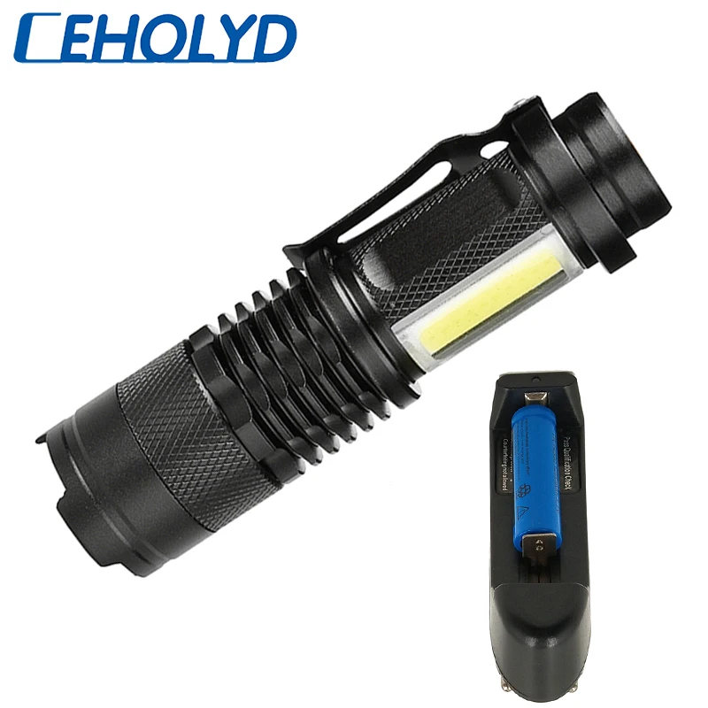 

4 Modes LED MINI Flashlight Aluminum Torch Use 14500 or AA Battery for Camping Working Bulbs XP-G Q5 + COB Zoom Waterproof Black