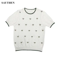 saythen 2022 summer thin knitted short sleeved top womens new hollow embroidery pullover knitted sweater