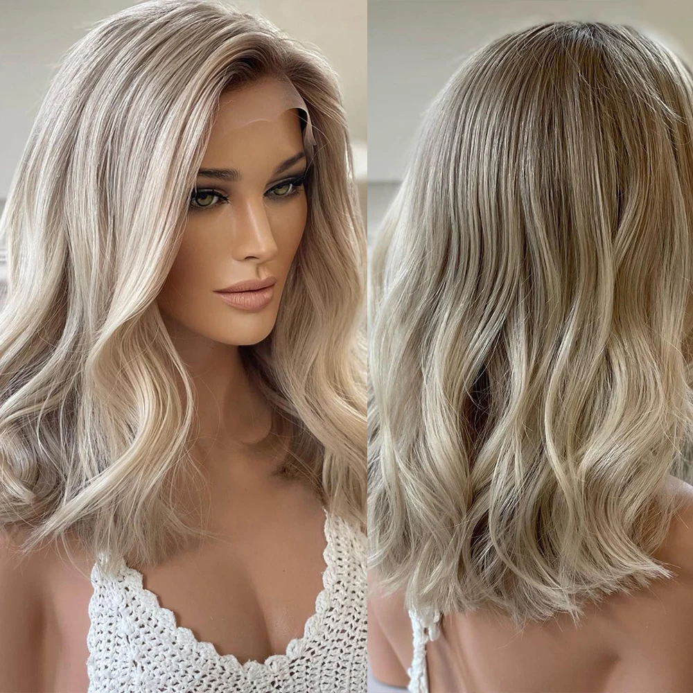 Ash Brown Honey Blonde Highlights HD Lace Frontal Wig 13x4 Glueless Brazilian Human Hair Wigs Short Bob Wavy Wig Dark Roots 150%