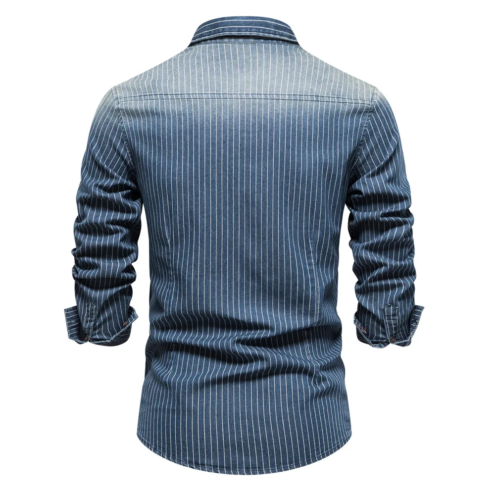 Eouw Fashion High Quality Cotton Industry Washed Distressed Striped Long Sleeve Denim Shirts Men Clothing Casual Streetwear