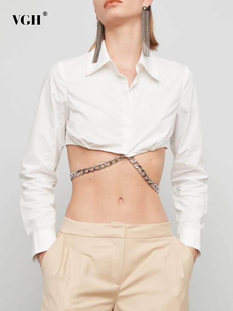

VGH High Street Patchwork Chain Shirt For Women Lapel Long Sleeve Solid Minimalist Blouses Female Fashion Clothes 2022 Style New
