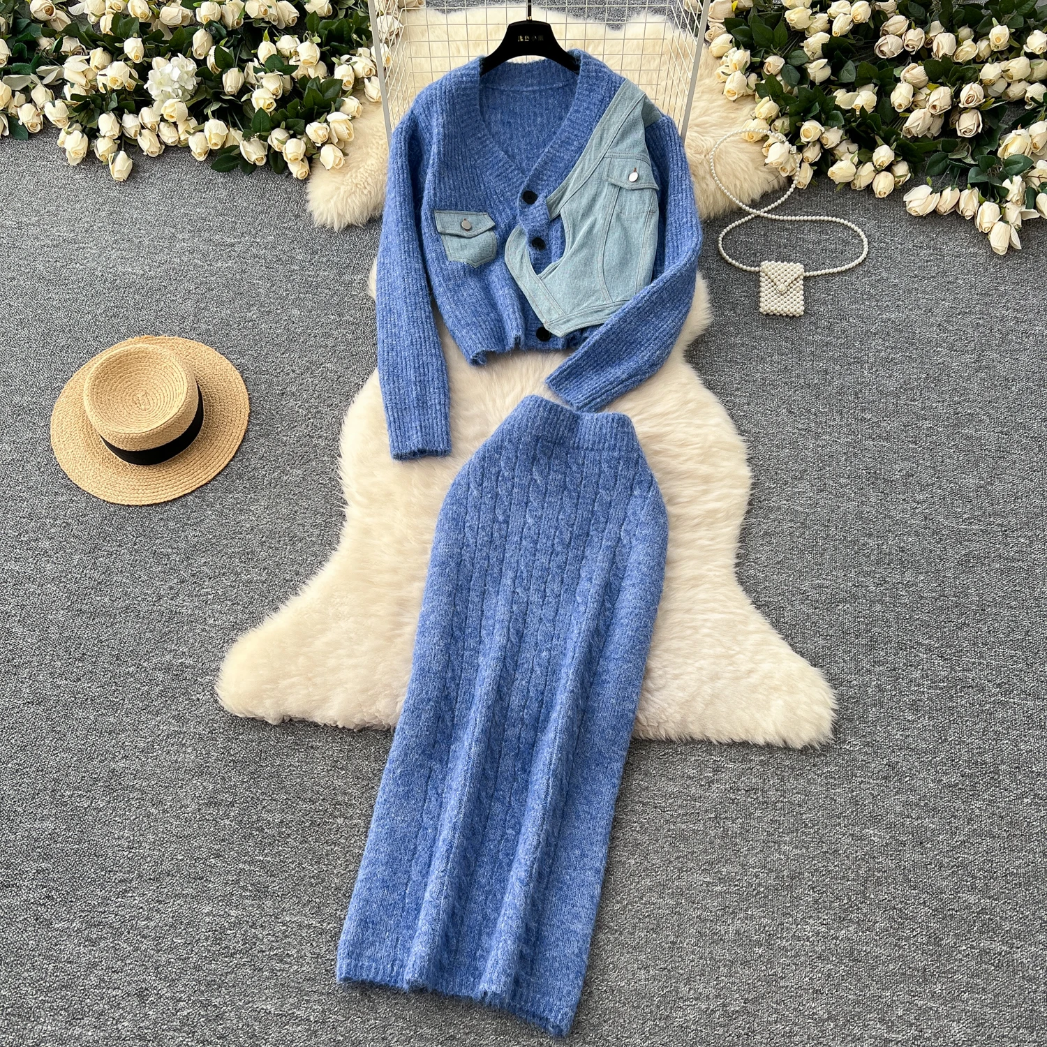 Женские лоскутные комплекты джинсовой одежды топы на пуговицах с v-образным