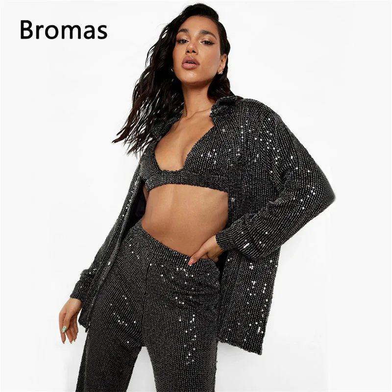 

2022 Winter Sequins Sexy Women's 3 Pieces Set Fashion Bling Underwear Long Sleeve Shirt Wide Leg Pants Female Sets