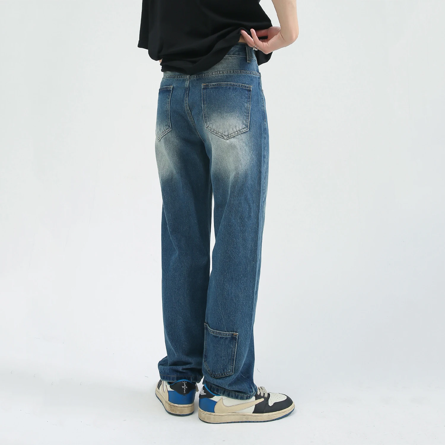 Four Seasons Men Jeans Korean Style Straight Pocket Design Casual Jeans Pants Straight Casual Hip Hop Men Clothing Ins Hot Sale