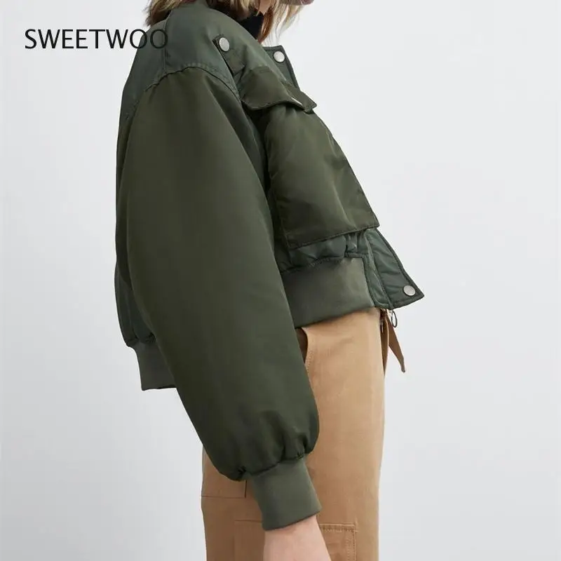 Women Fashion Basic Loose Padded Bomber Jacket Coat Vintage Long Sleeve Zipper Warm Female Outerwear Chic Tops Tide Slim 2022