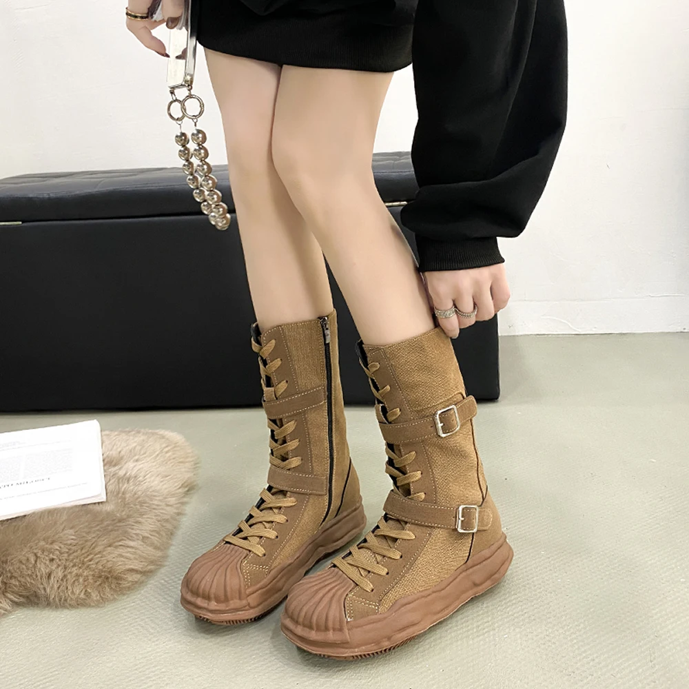 Mid-tube canvas Martin boots female autumn women 2023 new tooling big yellow boots thin thin short boots high top shoes