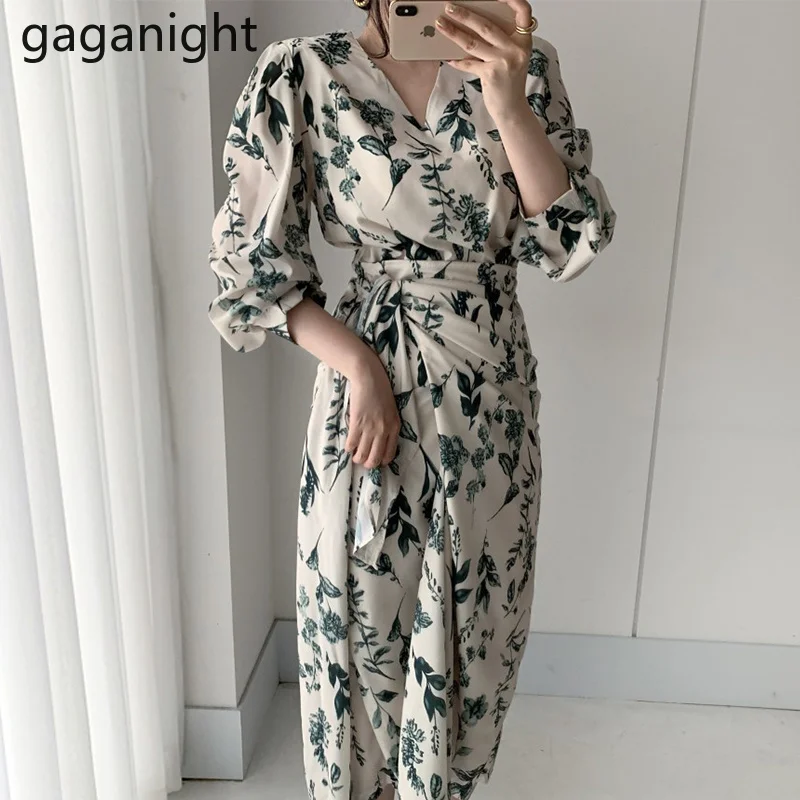

Gaganight корейский Шикарный V-образный вырез с поясом тонкое Vestidos дамское необычное французское элегантное шифоновое платье с пышными рукавам...