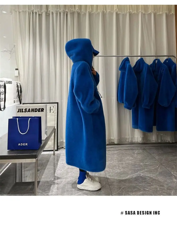 Winter Long Faux Fur Coat Women Thick Warm Blue White Black Fluffy Hooded Jacket Loose Casual Korean Fashion Tops Female Clothes