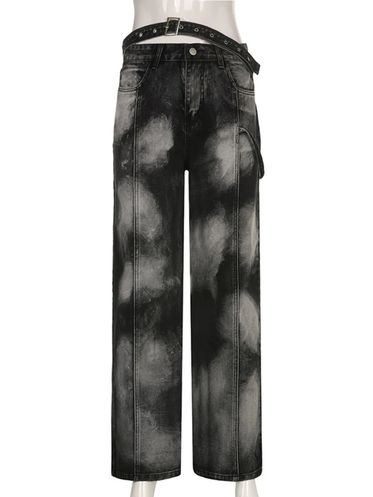 WeiYao Korean Fashion Belt Low Waist Straight Jeans Tie Dye Print Aesthetic Vintage Denim Trousers Women Stitched Grunge Cloth