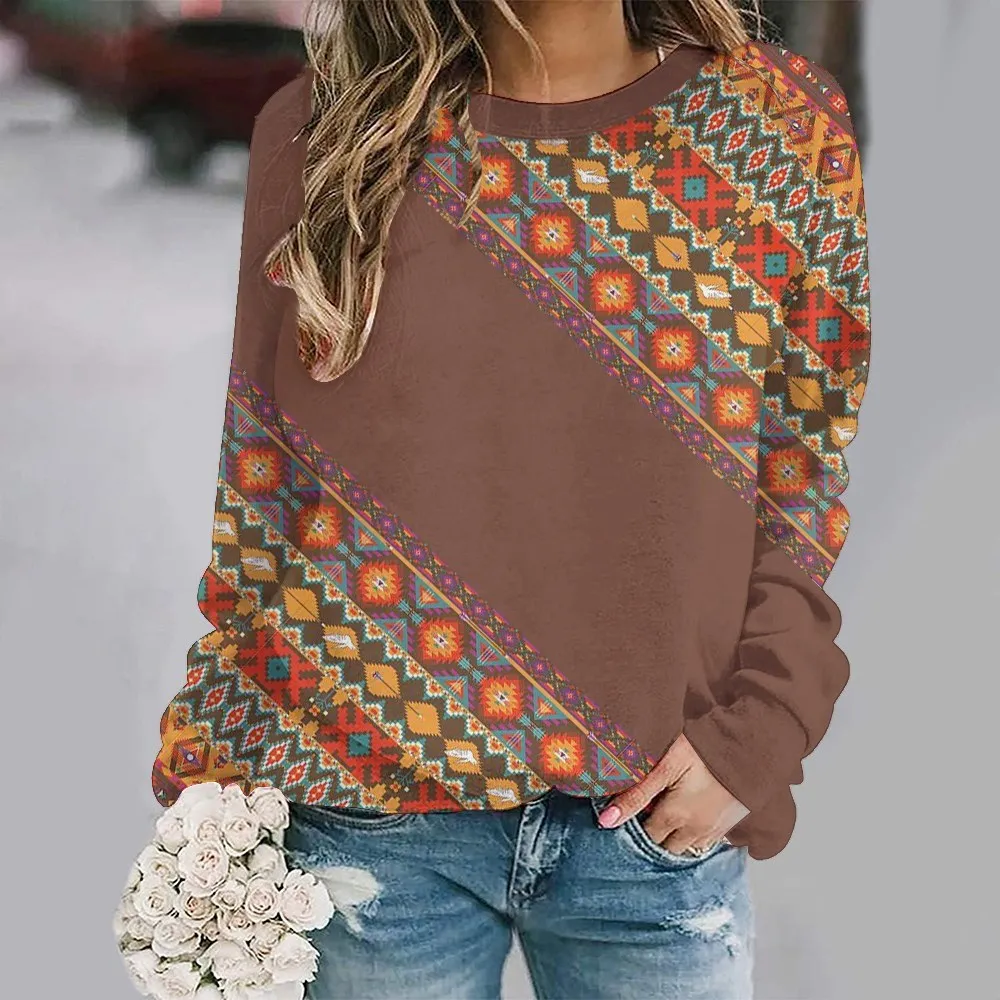 

Женский свитер с вышивкой, свитер в этническом стиле с принтом, Повседневный свитер с круглым вырезом и длинными рукавами, осенняя новая модель