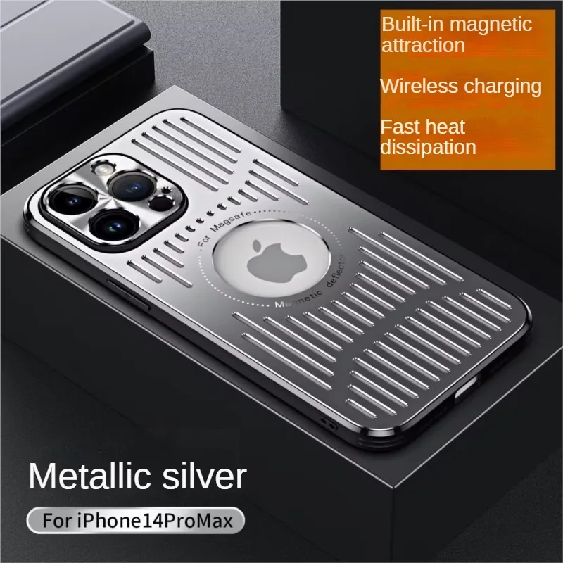 Metal Magnetic Heat Dissipation Phone Case Suitable for iPhone 14 13 12 Pro Max Plus Exposed Label, Full Lens Protection