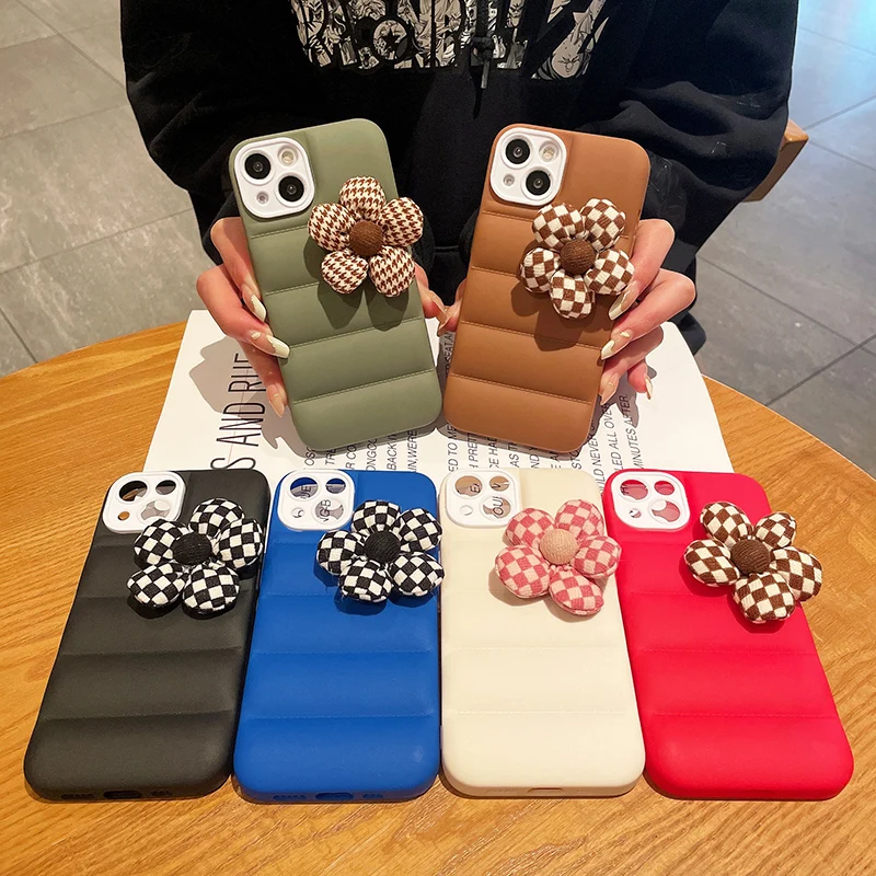 

Winter Down Jacket Cloth Phone Case Cover For iPhone 13 12 11 Pro Max Three-dimensional checkerboard flower down jacket Case