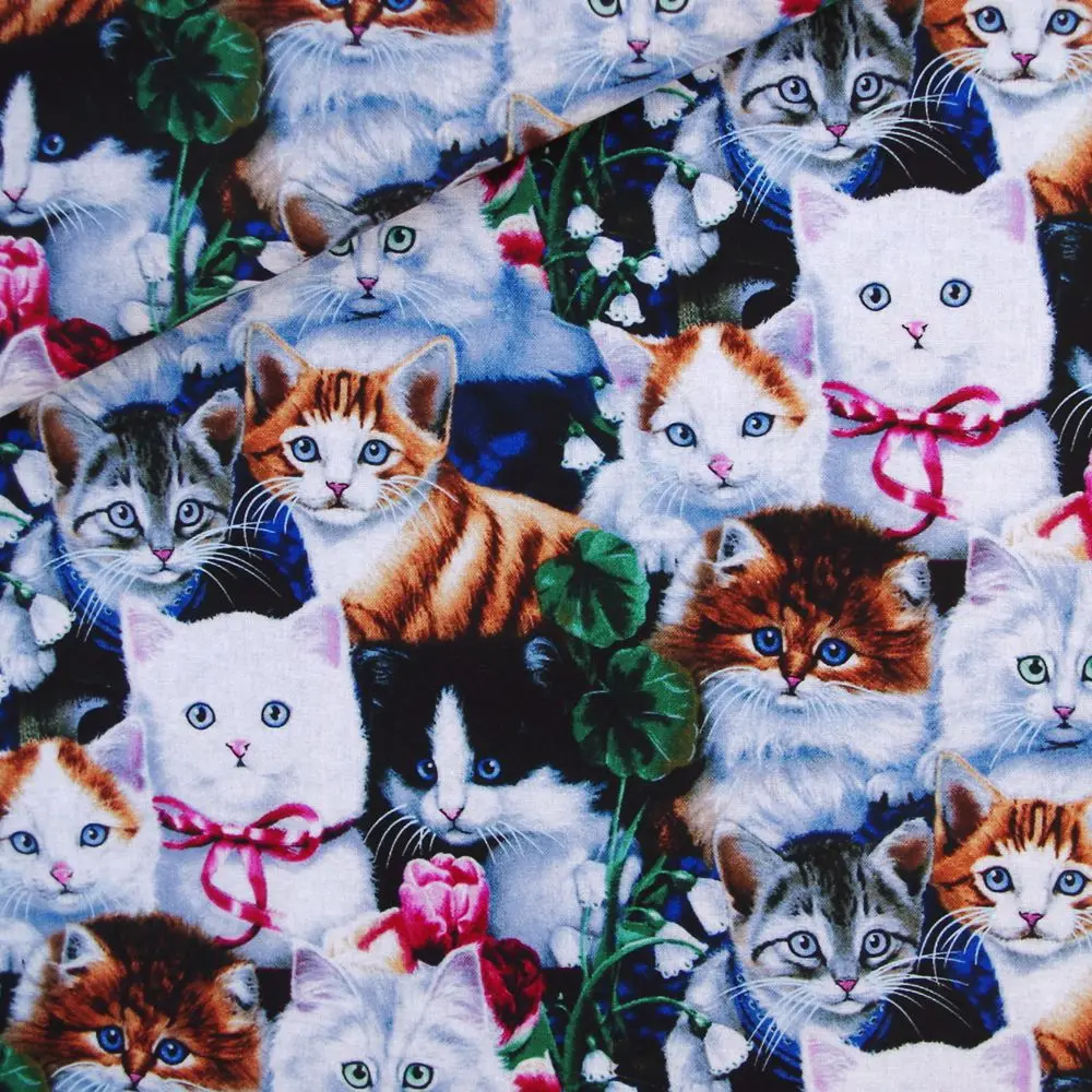 

1 Yard Digital Printing Cotton Fabric For Cloth, Bag, Bedding, Lovely Cats and Flower, Width=110cm