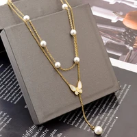 carlidana bohemian stainless steel tassel pearl long chain necklace vintage shell white butterfly charm choker necklace jewelry