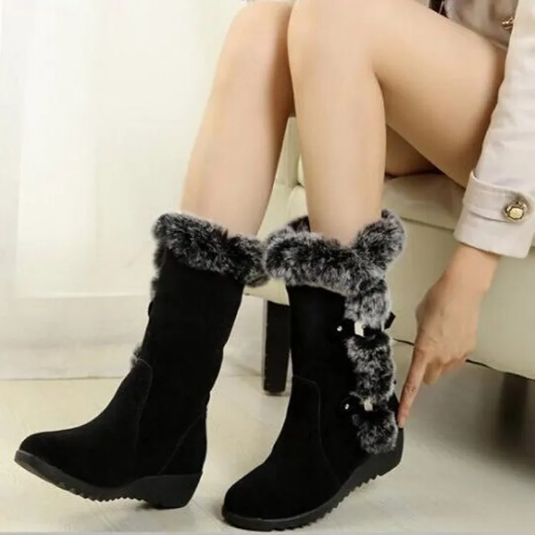 

New Winter Women Boots Casual Warm Fur Mid-Calf Boots shoes Women Slip-On Round Toe wedges Snow Boots shoes Muje Plus size 42