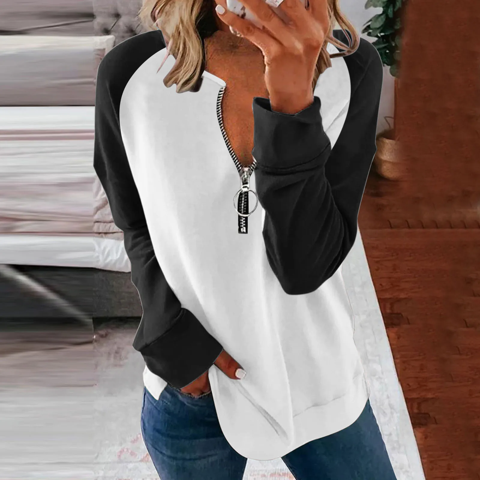 

Light Two Piece Womens Casual Long Sleeve Colorblock Zip Sweatshirt Loose Pullover Sweatshirt Long Length Sweaters