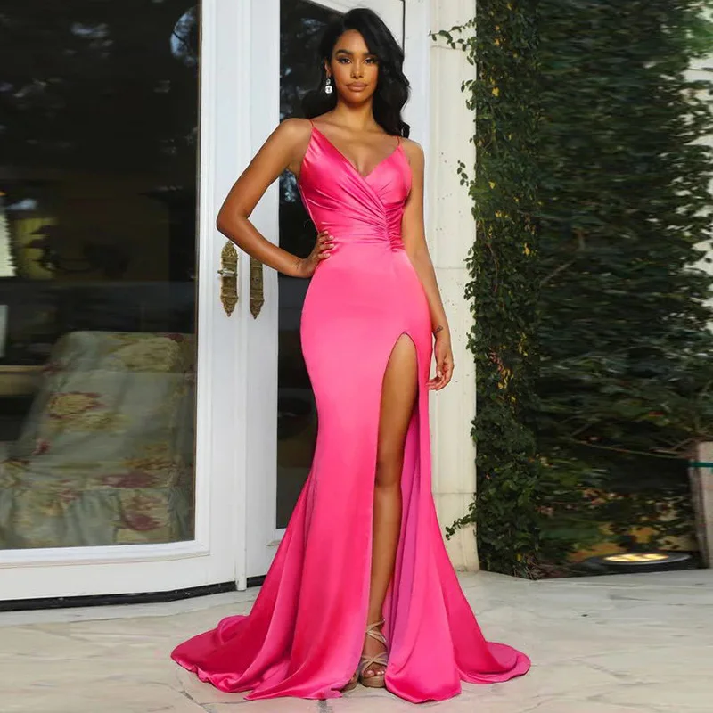 Women Sexy Soft Satin Evening Dress Spaghetti Deep V-neck Sleeveless Backless Long Party Dress Fashion Slim Waist Prom Dresses