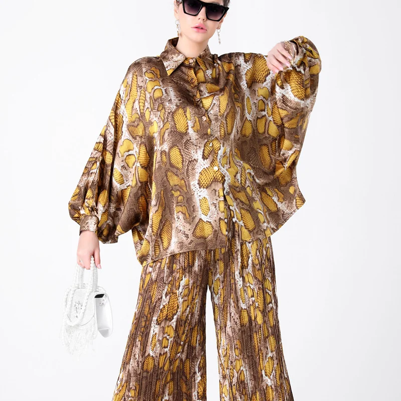 

2023 Spring new arrival large size loose pant set women two-piece set crimped printed shirt and pants fashion casual suit 23012