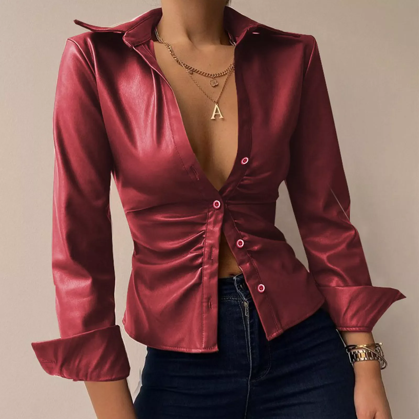 

Chic Pu Leather Blouses Womens Lapel Neck Plaid Pattern Print Long Sleeve Loose Casual Patchwork Slim Office Shirts Blouse