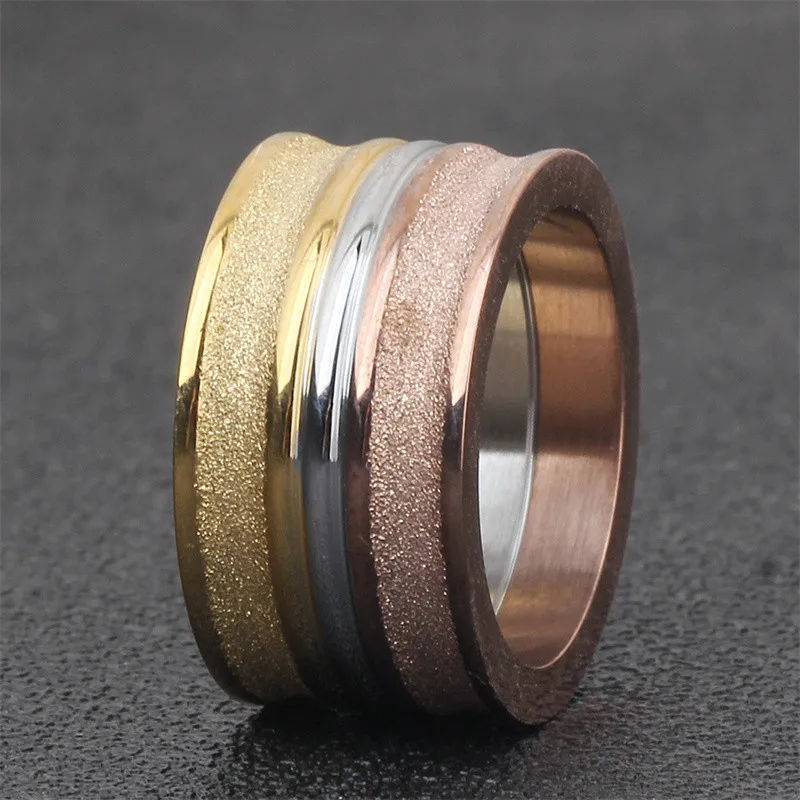 

Hot Selling Personality Ladies Frosted Tricolor Stainless Steel Ring Fashion Simple 12MM Thick Finger Jewelry Wholesale