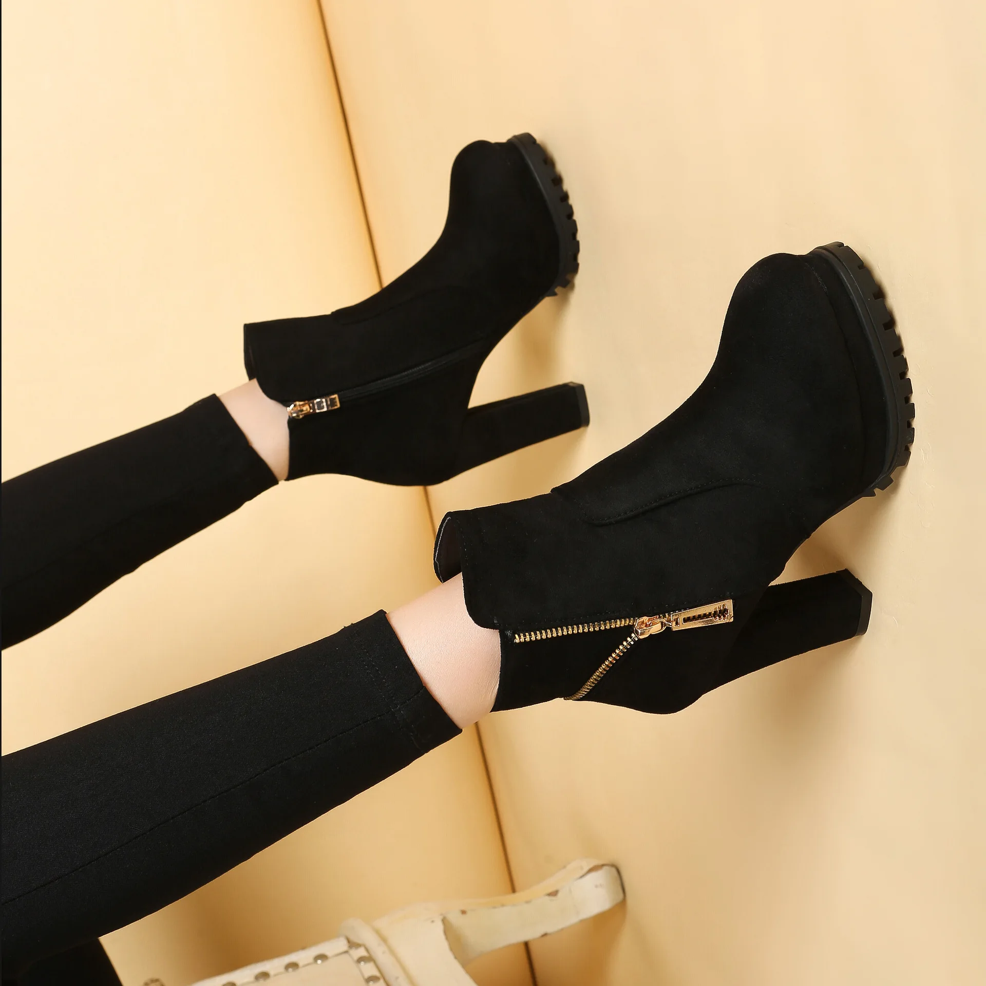 OL Fashion Boots Pumps For Women Office Shoes 2023 Thick Platform Flock Autumn Winter Warm Shoes Short Boots Female Ankle Boots