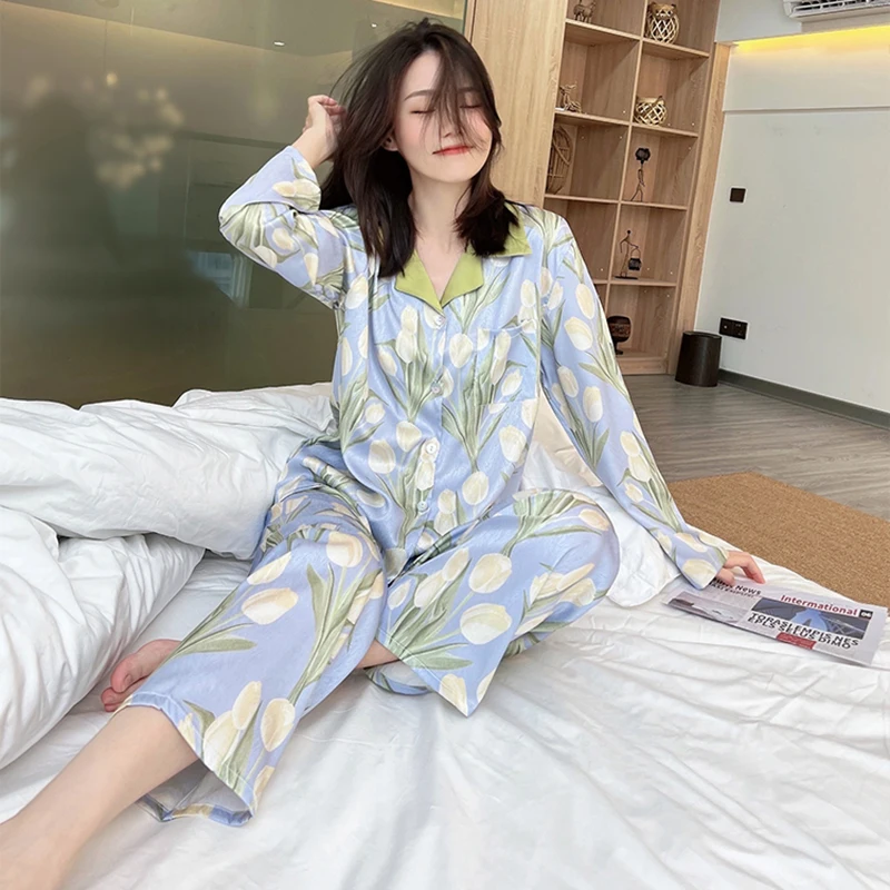 Women Fashion Tulip Flower Pajamas Sets Faux Silk Long Sleep Wear Home Clothes Suits