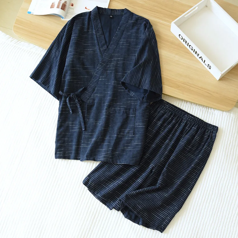 Kimono Pajamas Men's Short-sleeved Shorts Japanese Summer Mens Loose Simple Cotton Striped Sweat Steamed Suit Pantalon Pijama