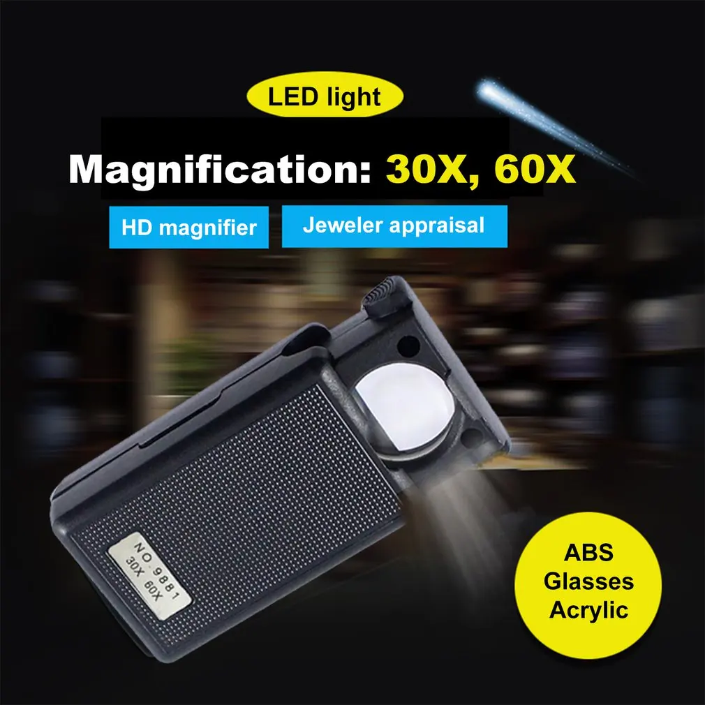 

Magnifying Glass 30X 60X Magnifier Jewelry Appraisal Reading High Magnification Acrylic Optical Lens Loupe With LED UV