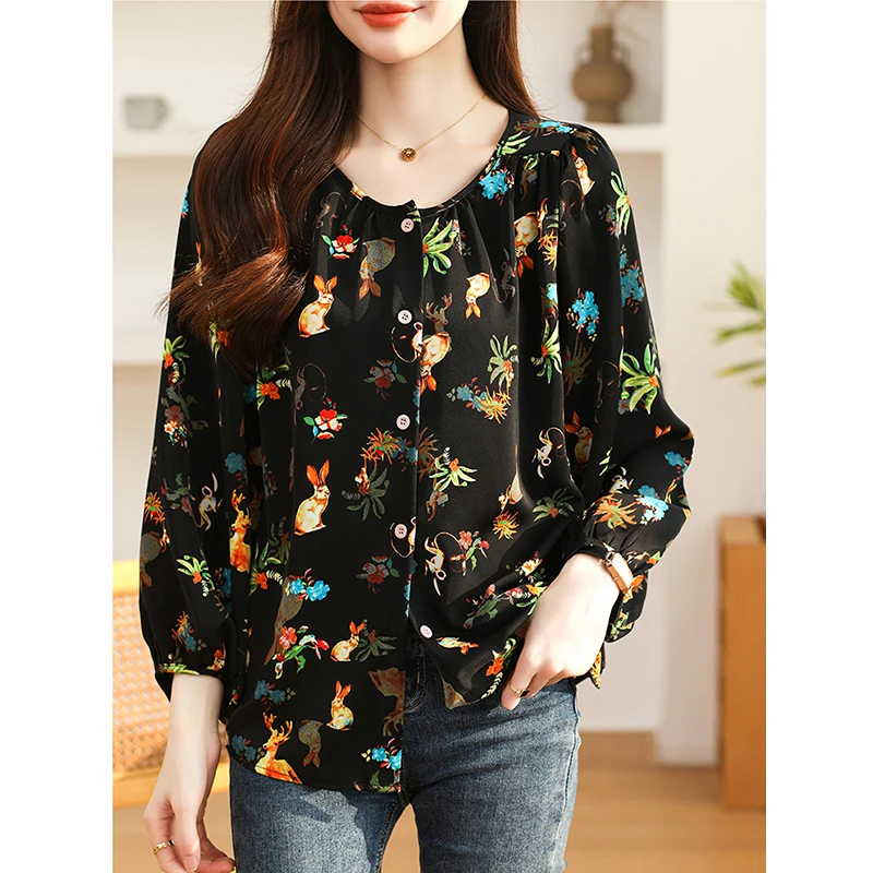 Женская шифоновая блузка с круглым вырезом длинным рукавом и цветочным принтом