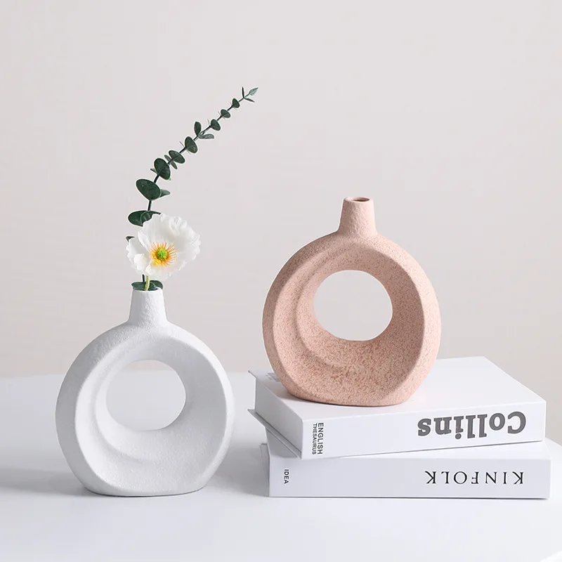 

Nordic Ceramics Vase Circular Hollow Donuts Home Home Living Room Decoration Accessories Bedroom Bookcase Office Decor Gift