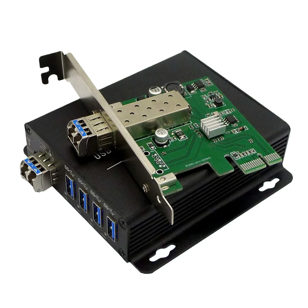

PCI-E to USB 3.0 Hub Fiber Optic Extender to Max 250 Meters over SMF / MMF, 4 Port USB 3.0 over Fiber Adapter