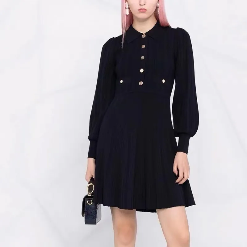 

Women's Single-Breasted Pleated Knit Dress 2022 Spring Summer Turn-Down Collar Lantern Sleeve Ladies Elegant Slim Short Robe