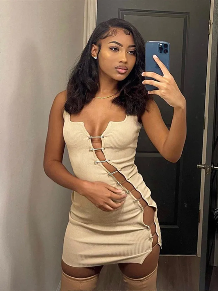 

hirigin Sexy Black Cut Out Slit Dresses for Women Summer Party Clubwear Vestidos Bodycon Sleeveless Mini Dress 2022